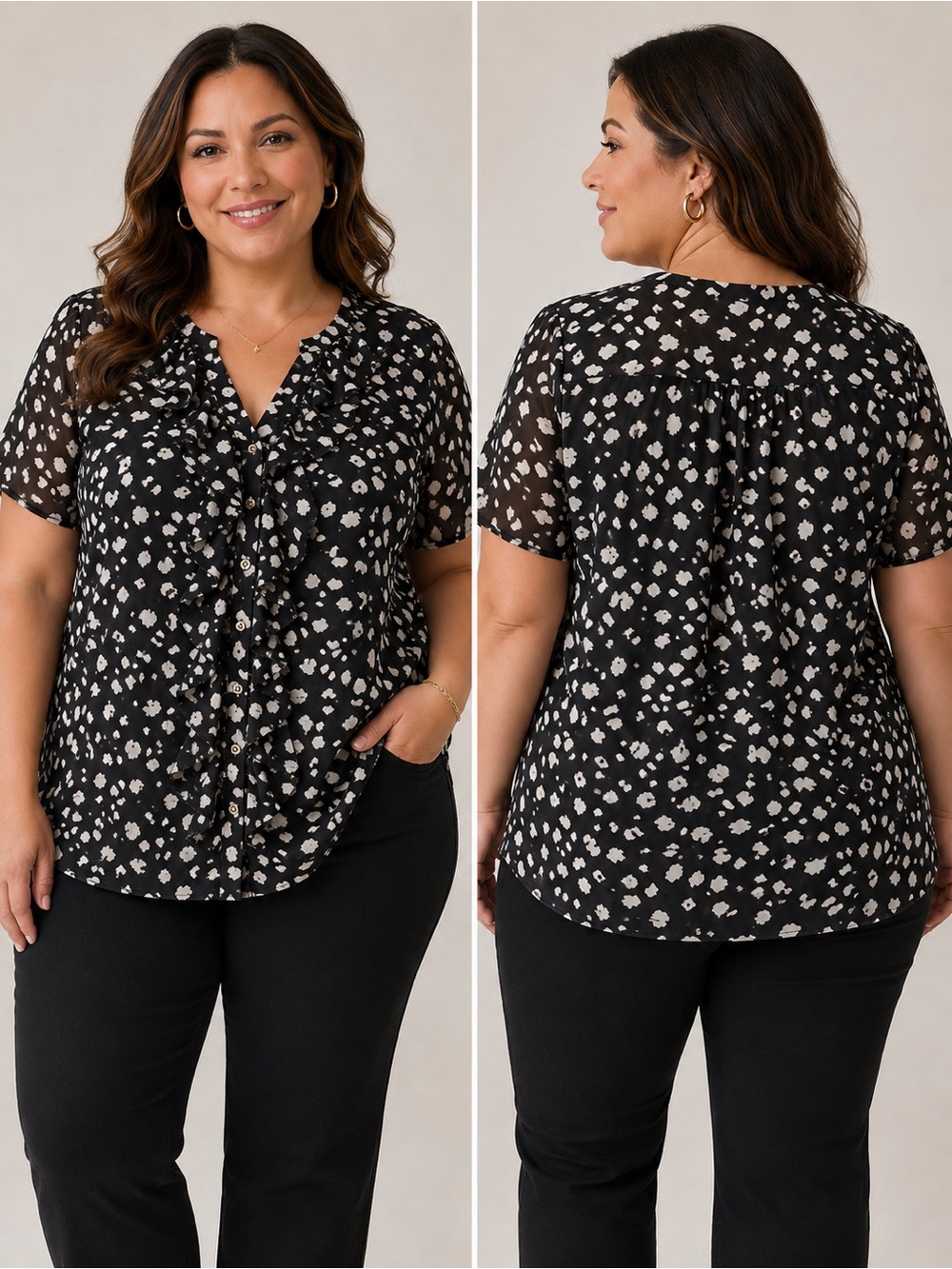 PerSeption Woman 1X Black White Print Ruffle Front Blouse Plus Size